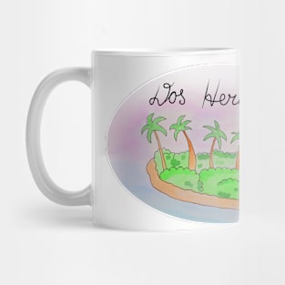 Dos Hermanos watercolor Island travel, beach, sea and palm trees. Holidays and vacation, summer and relaxation Mug